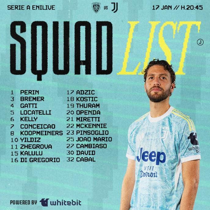 mk体育下载-尤文客战卡利亚里大名单：洛卡特利领衔，米利克继续伤缺